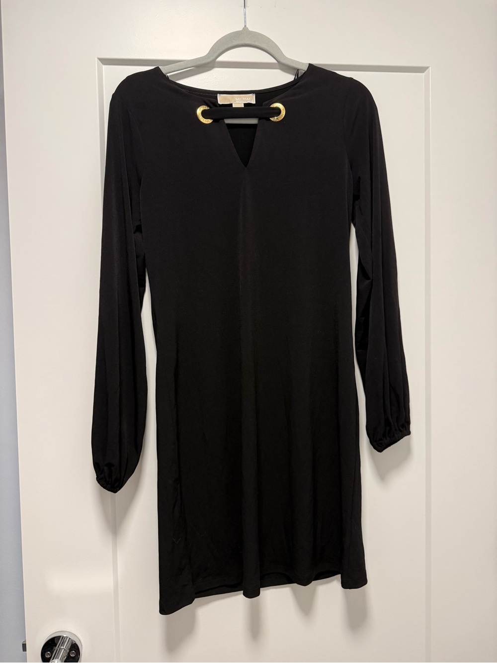 Michael Kors Black Long-Sleeve Shift Dress with Gold Eyelet Detail